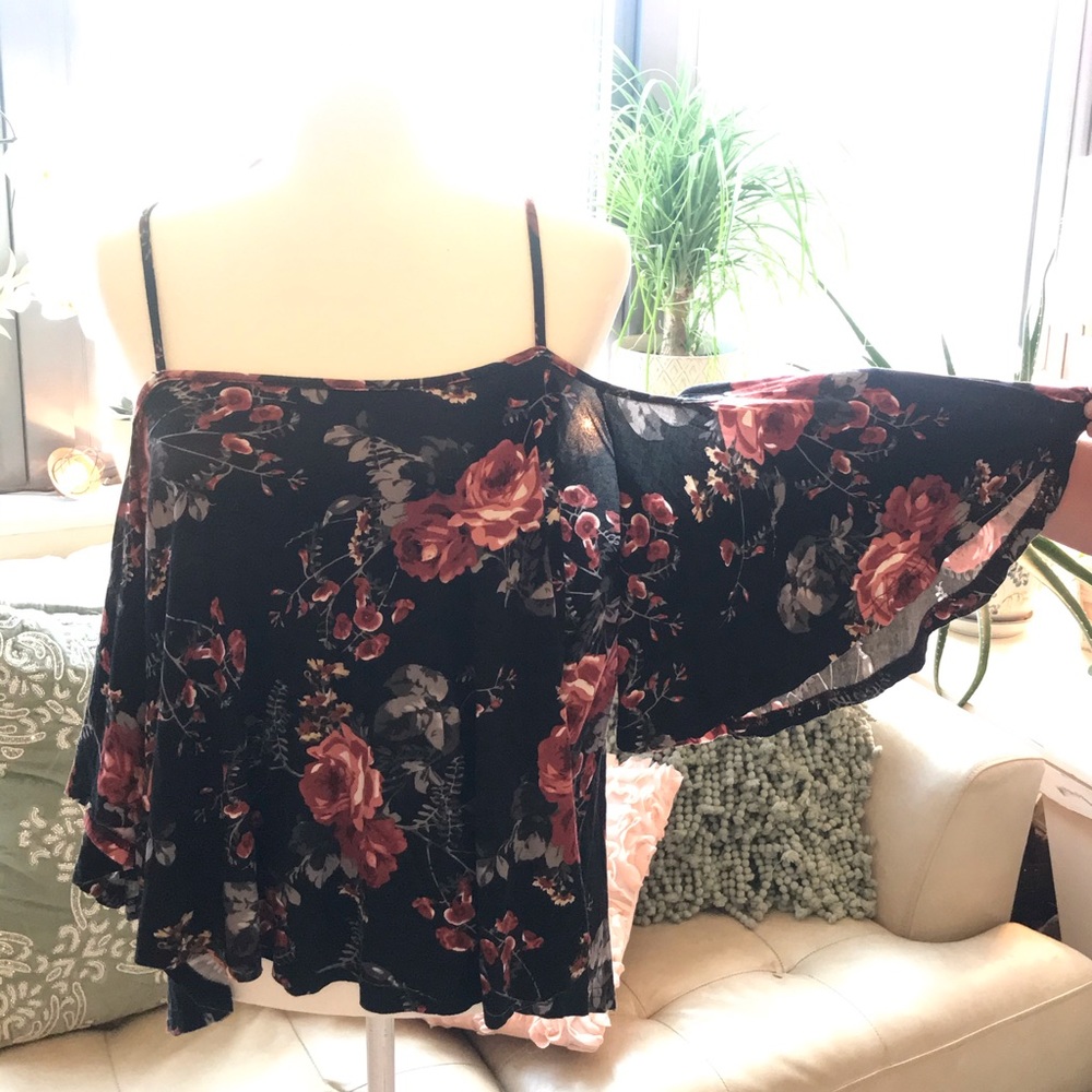 Floral Cold-Shoulder Top with Flowy Sleeves